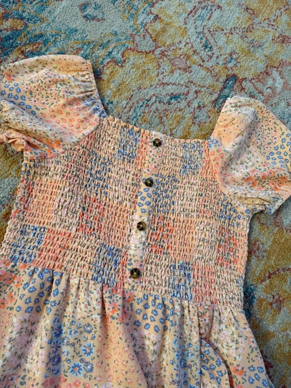 wonder nation 14/16 Like New Peach/Floral Patchwork faux buttons, ruffles